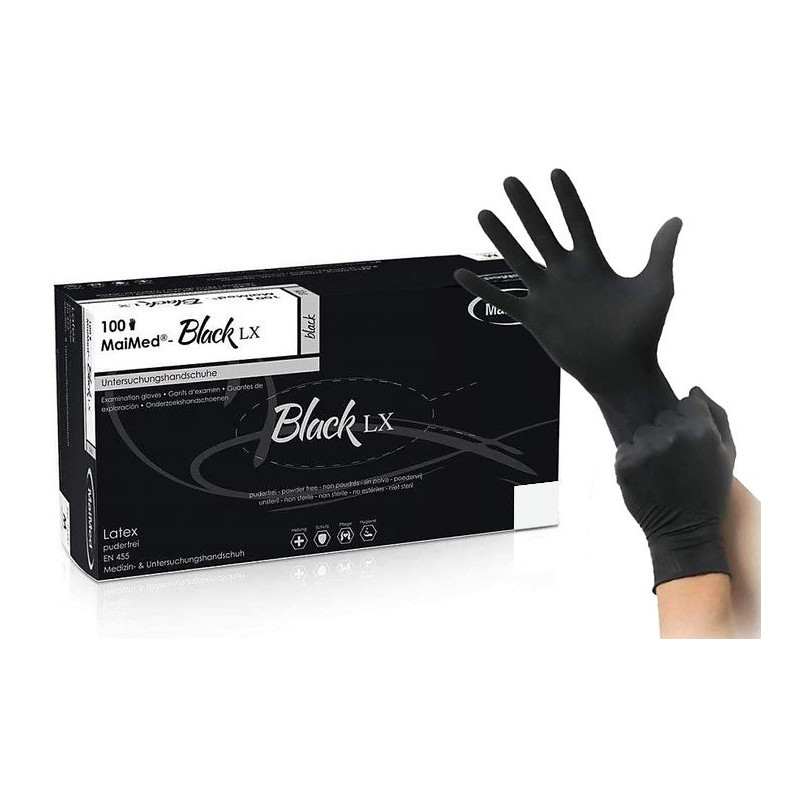 MaiMed Gants en Latex non poudrés BLACK LX Noir x100